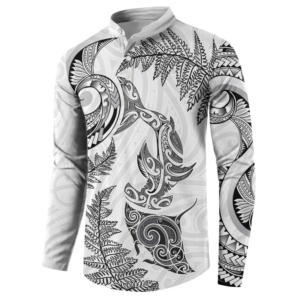 New Zealand Sea Animals with Maori Tribal Tattoo Button Sweatshirt Shark Manta Ray with Silver Fern White LT03 - Polynesian Pride