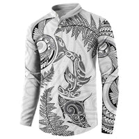 New Zealand Sea Animals with Maori Tribal Tattoo Button Sweatshirt Shark Manta Ray with Silver Fern White LT03 - Polynesian Pride