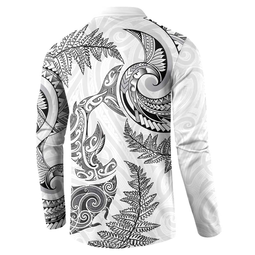 New Zealand Sea Animals with Maori Tribal Tattoo Button Sweatshirt Shark Manta Ray with Silver Fern White LT03 - Polynesian Pride