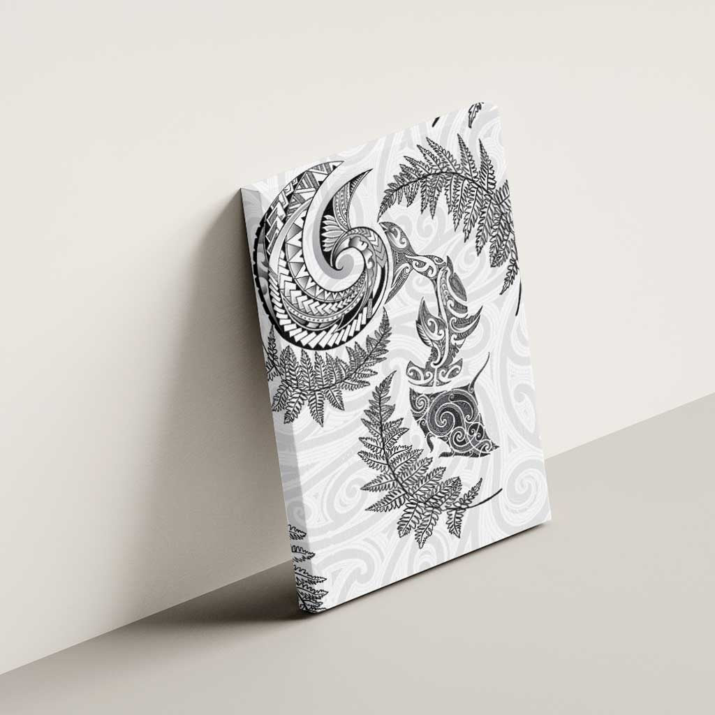 New Zealand Sea Animals with Maori Tribal Tattoo Canvas Wall Art Shark Manta Ray with Silver Fern White LT03 - Polynesian Pride