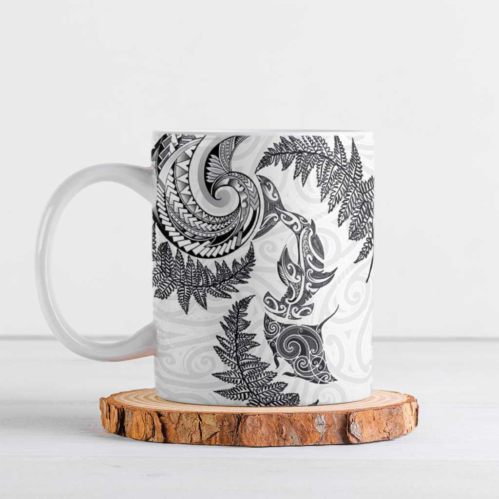 New Zealand Sea Animals with Maori Tribal Tattoo Ceramic Mug Shark Manta Ray with Silver Fern White LT03 White - Polynesian Pride