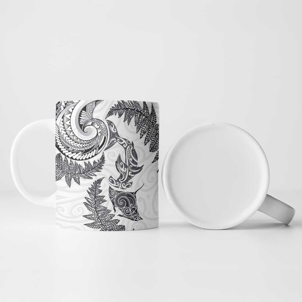 New Zealand Sea Animals with Maori Tribal Tattoo Ceramic Mug Shark Manta Ray with Silver Fern White LT03 - Polynesian Pride