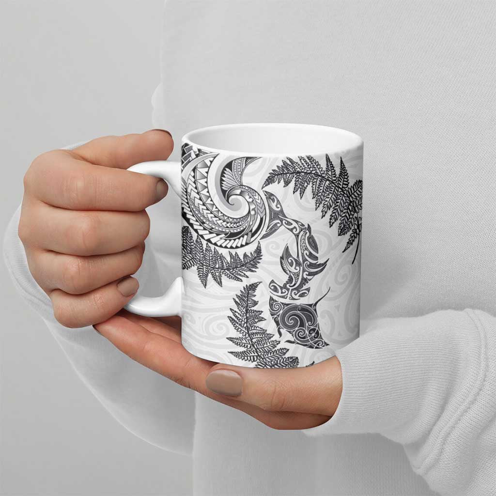 New Zealand Sea Animals with Maori Tribal Tattoo Ceramic Mug Shark Manta Ray with Silver Fern White LT03 - Polynesian Pride