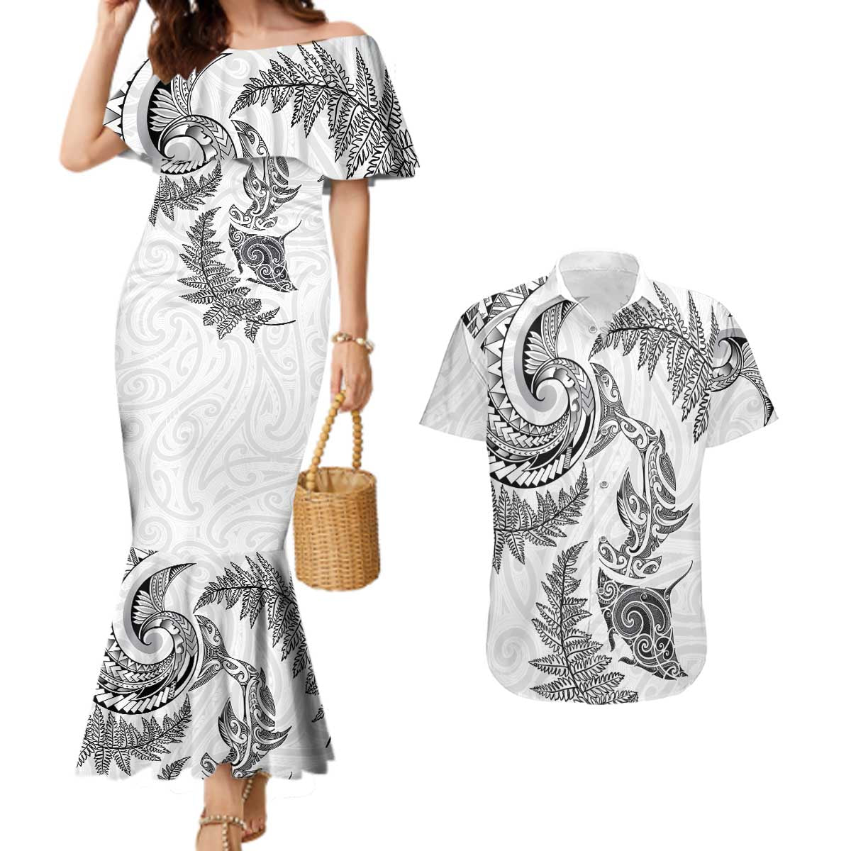 New Zealand Sea Animals with Maori Tribal Tattoo Couples Matching Mermaid Dress and Hawaiian Shirt Shark Manta Ray with Silver Fern White