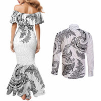 New Zealand Sea Animals with Maori Tribal Tattoo Couples Matching Mermaid Dress and Long Sleeve Button Shirt Shark Manta Ray with Silver Fern White LT03 - Polynesian Pride