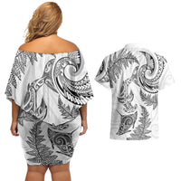 New Zealand Sea Animals with Maori Tribal Tattoo Couples Matching Off Shoulder Short Dress and Hawaiian Shirt Shark Manta Ray with Silver Fern White LT03 - Polynesian Pride