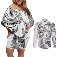 New Zealand Sea Animals with Maori Tribal Tattoo Couples Matching Off Shoulder Short Dress and Long Sleeve Button Shirt Shark Manta Ray with Silver Fern White LT03 White - Polynesian Pride
