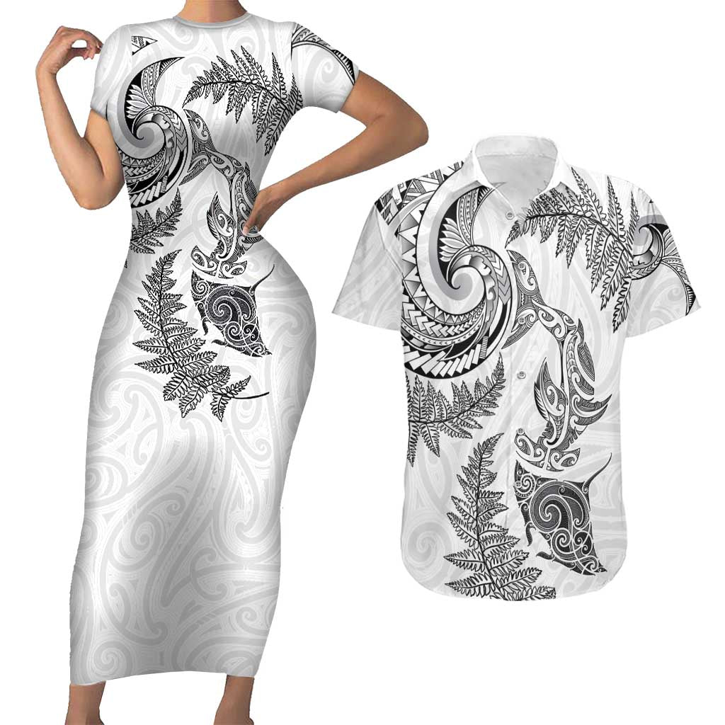 New Zealand Sea Animals with Maori Tribal Tattoo Couples Matching Short Sleeve Bodycon Dress and Hawaiian Shirt Shark Manta Ray with Silver Fern White