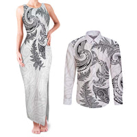 New Zealand Sea Animals with Maori Tribal Tattoo Couples Matching Tank Maxi Dress and Long Sleeve Button Shirt Shark Manta Ray with Silver Fern White LT03 White - Polynesian Pride