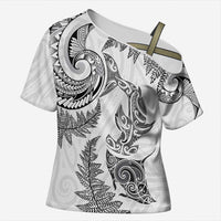 New Zealand Sea Animals with Maori Tribal Tattoo Cross Shoulder Shirt Shark Manta Ray with Silver Fern White LT03 Female White - Polynesian Pride