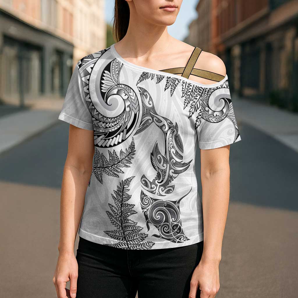 New Zealand Sea Animals with Maori Tribal Tattoo Cross Shoulder Shirt Shark Manta Ray with Silver Fern White LT03 - Polynesian Pride
