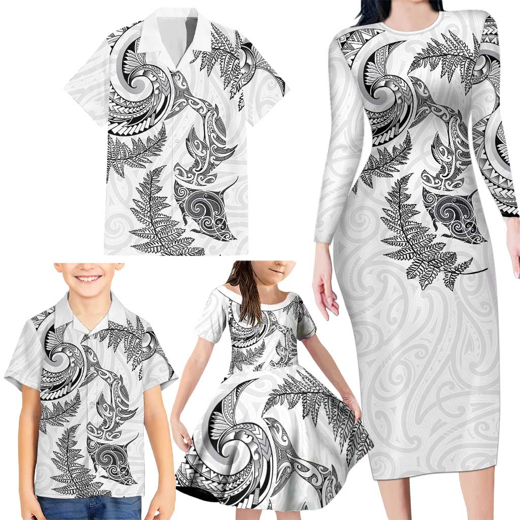 New Zealand Sea Animals with Maori Tribal Tattoo Family Matching Long Sleeve Bodycon Dress and Hawaiian Shirt Shark Manta Ray with Silver Fern White LT03 - Polynesian Pride