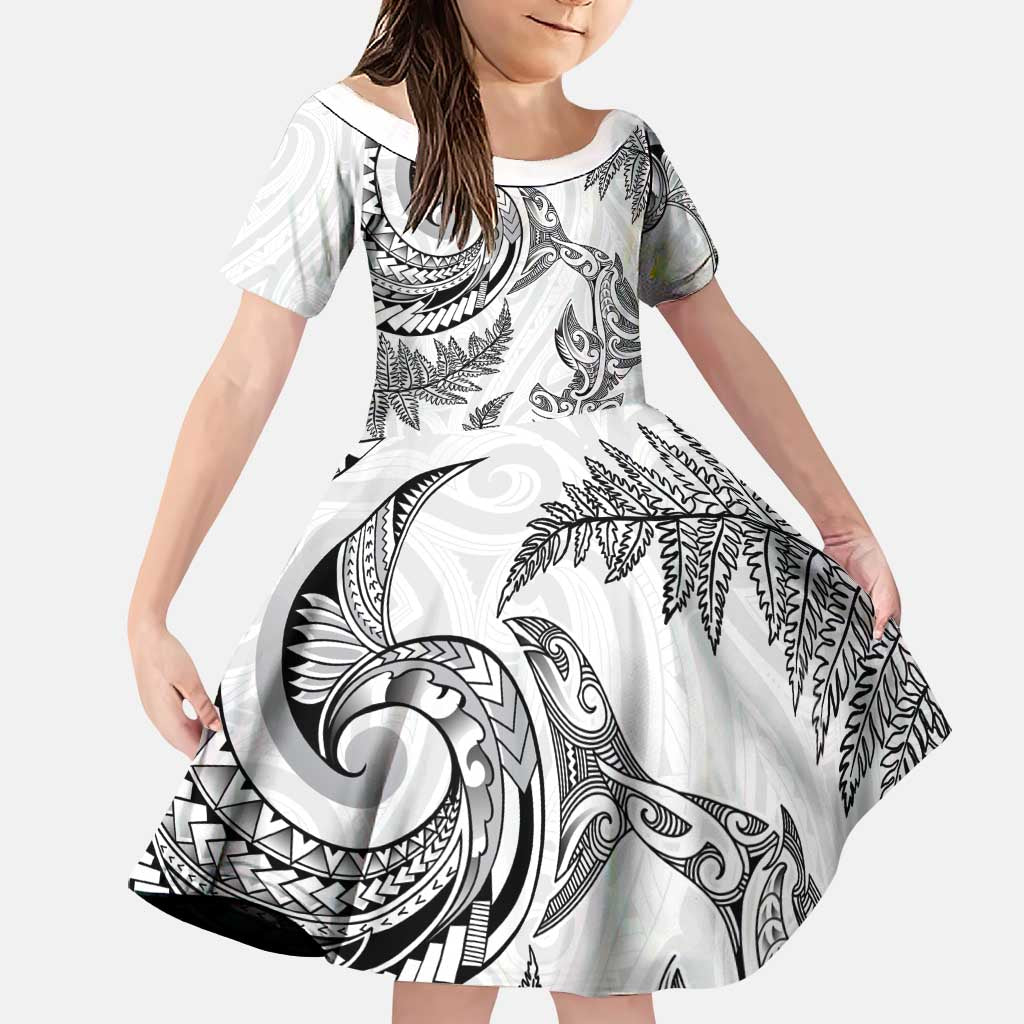 New Zealand Sea Animals with Maori Tribal Tattoo Family Matching Mermaid Dress and Hawaiian Shirt Shark Manta Ray with Silver Fern White LT03 Daughter's Dress White - Polynesian Pride