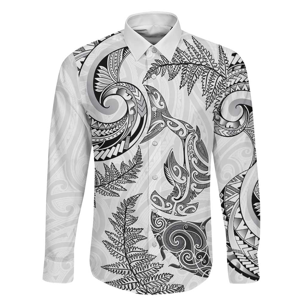 New Zealand Sea Animals with Maori Tribal Tattoo Family Matching Mermaid Dress and Hawaiian Shirt Shark Manta Ray with Silver Fern White LT03 Dad's Shirt - Long Sleeve White - Polynesian Pride
