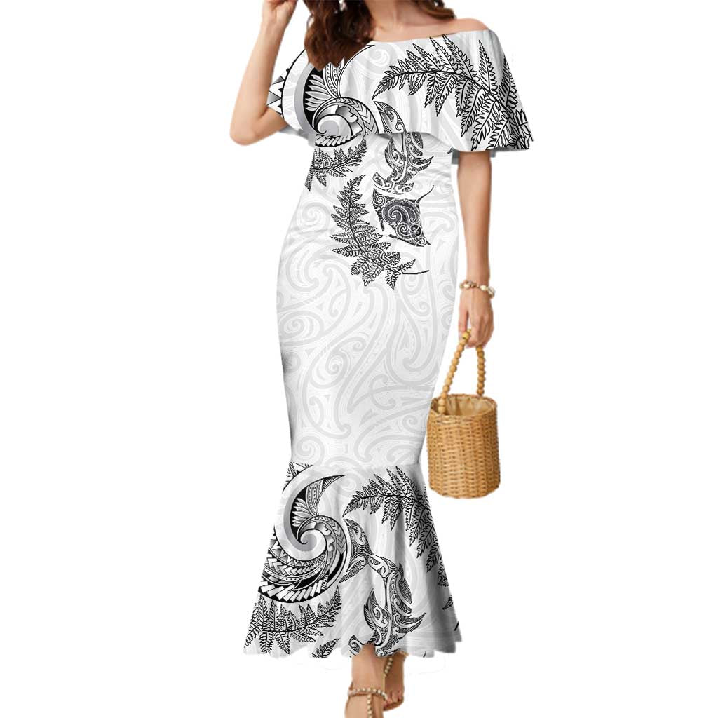 New Zealand Sea Animals with Maori Tribal Tattoo Family Matching Mermaid Dress and Hawaiian Shirt Shark Manta Ray with Silver Fern White LT03 Mom's Dress White - Polynesian Pride