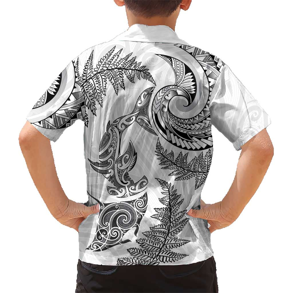 New Zealand Sea Animals with Maori Tribal Tattoo Family Matching Off The Shoulder Long Sleeve Dress and Hawaiian Shirt Shark Manta Ray with Silver Fern White LT03 - Polynesian Pride