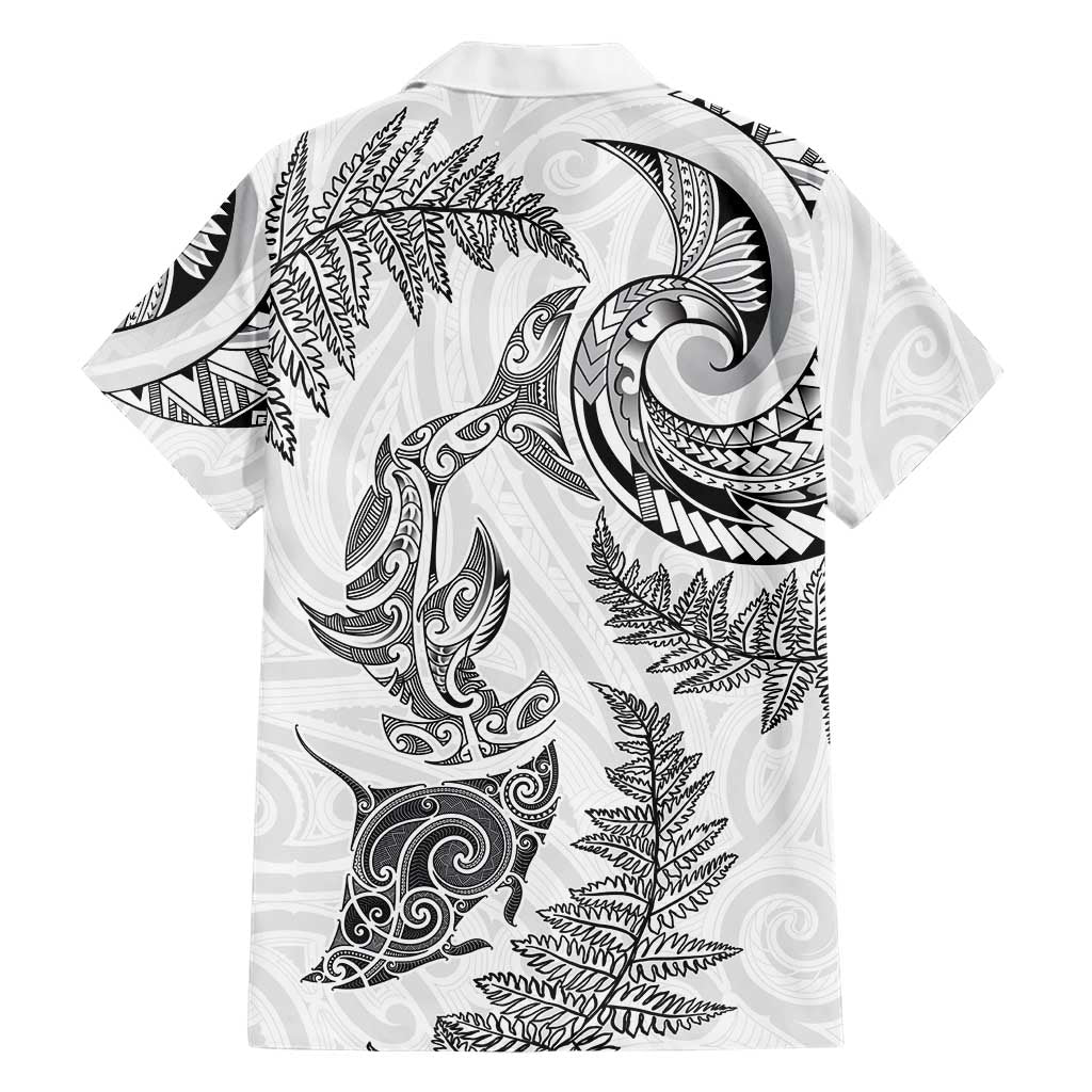 New Zealand Sea Animals with Maori Tribal Tattoo Family Matching Off The Shoulder Long Sleeve Dress and Hawaiian Shirt Shark Manta Ray with Silver Fern White LT03 - Polynesian Pride