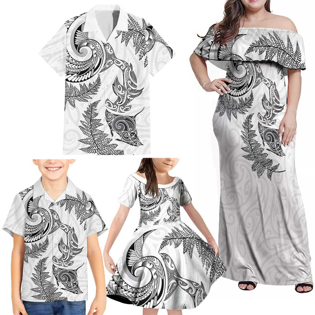 New Zealand Sea Animals with Maori Tribal Tattoo Family Matching Off Shoulder Maxi Dress and Hawaiian Shirt Shark Manta Ray with Silver Fern White LT03 - Polynesian Pride