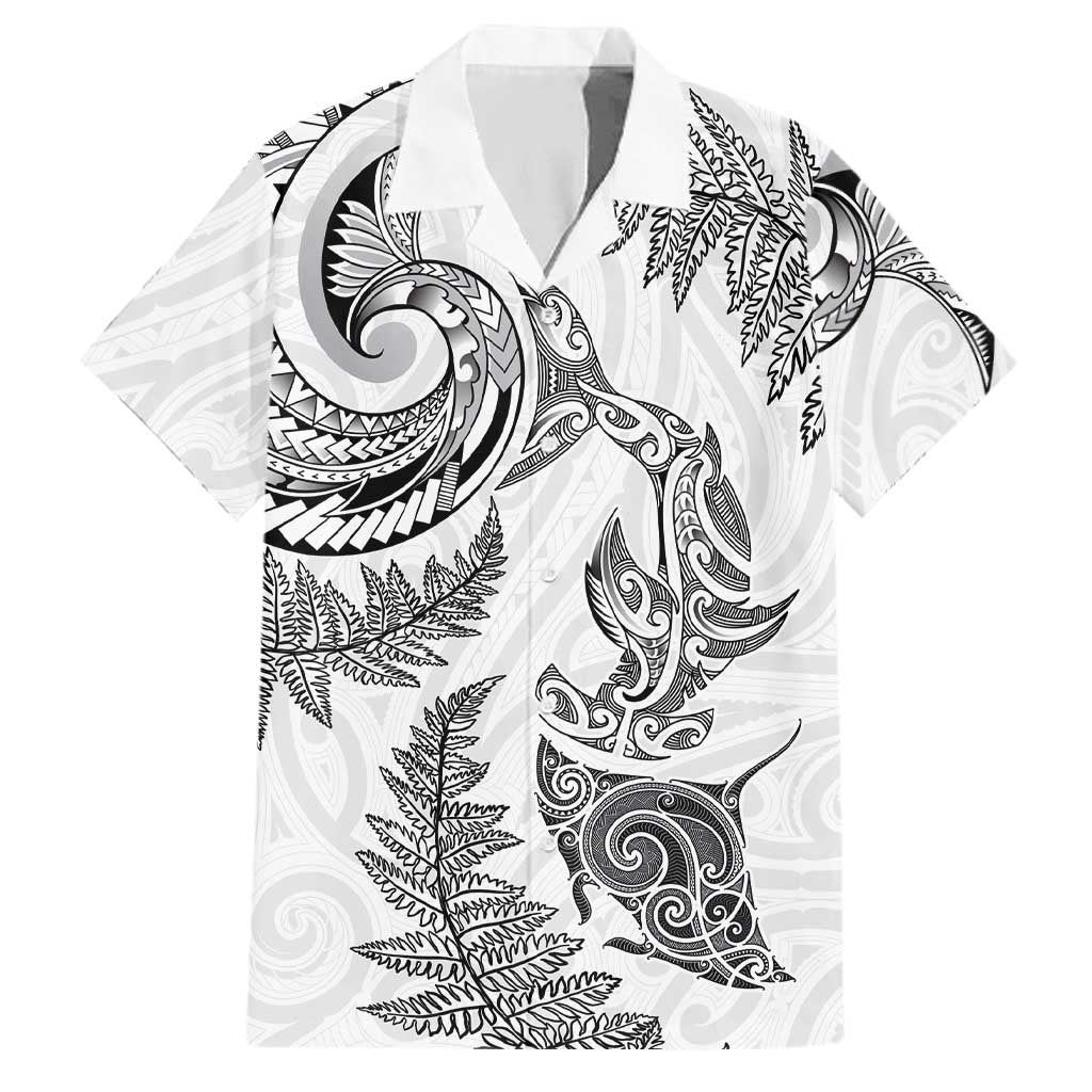 New Zealand Sea Animals with Maori Tribal Tattoo Family Matching Off Shoulder Maxi Dress and Hawaiian Shirt Shark Manta Ray with Silver Fern White LT03 Dad's Shirt - Short Sleeve White - Polynesian Pride