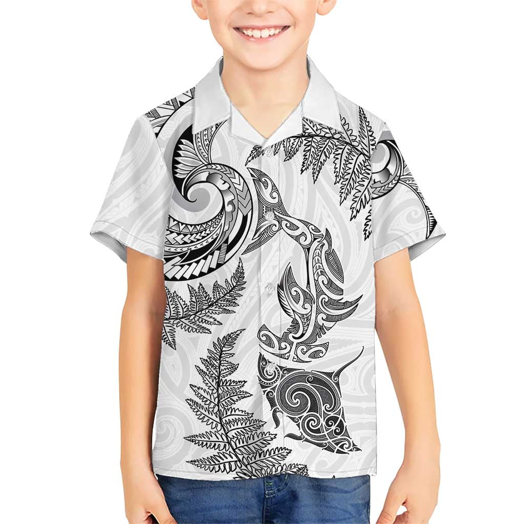 New Zealand Sea Animals with Maori Tribal Tattoo Family Matching Off Shoulder Maxi Dress and Hawaiian Shirt Shark Manta Ray with Silver Fern White LT03 Son's Shirt White - Polynesian Pride