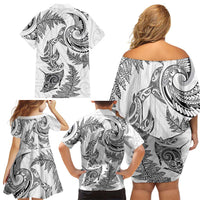 New Zealand Sea Animals with Maori Tribal Tattoo Family Matching Off Shoulder Short Dress and Hawaiian Shirt Shark Manta Ray with Silver Fern White LT03 - Polynesian Pride