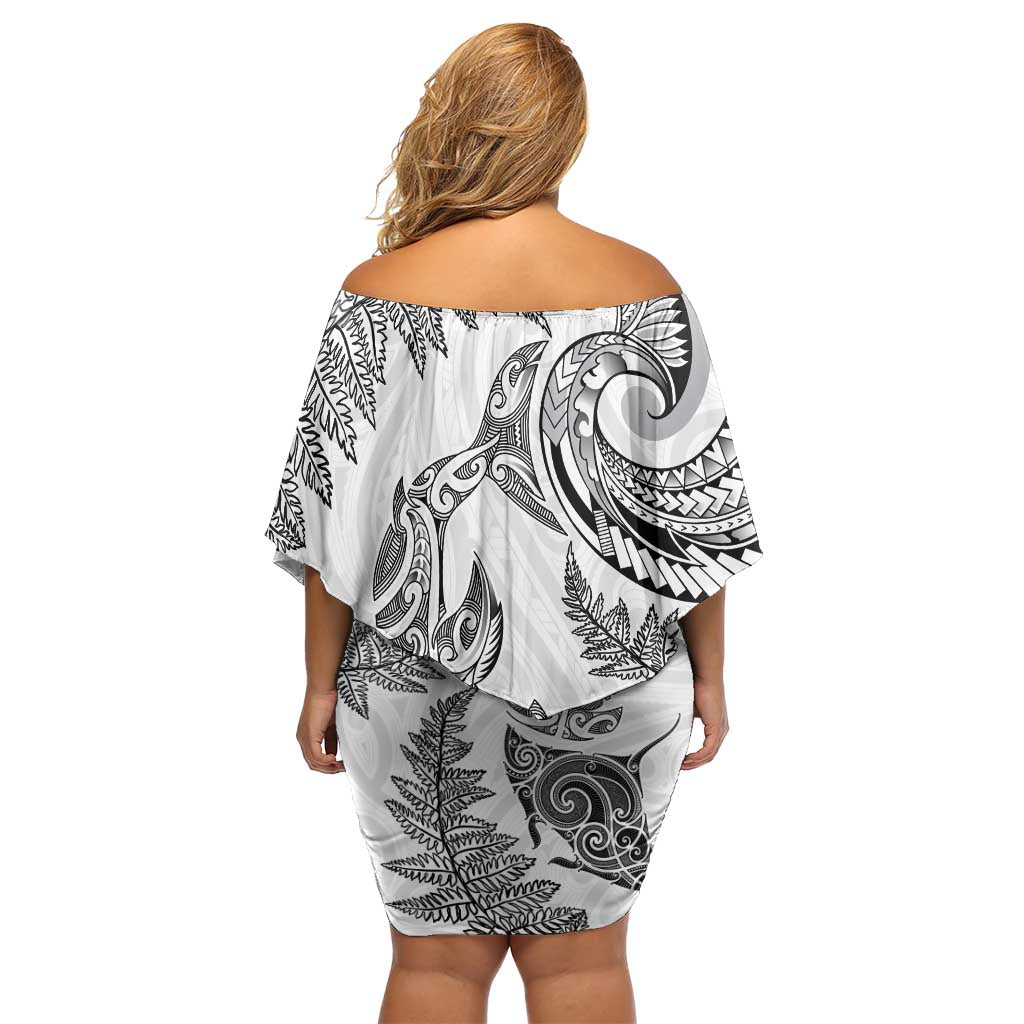 New Zealand Sea Animals with Maori Tribal Tattoo Family Matching Off Shoulder Short Dress and Hawaiian Shirt Shark Manta Ray with Silver Fern White LT03 - Polynesian Pride