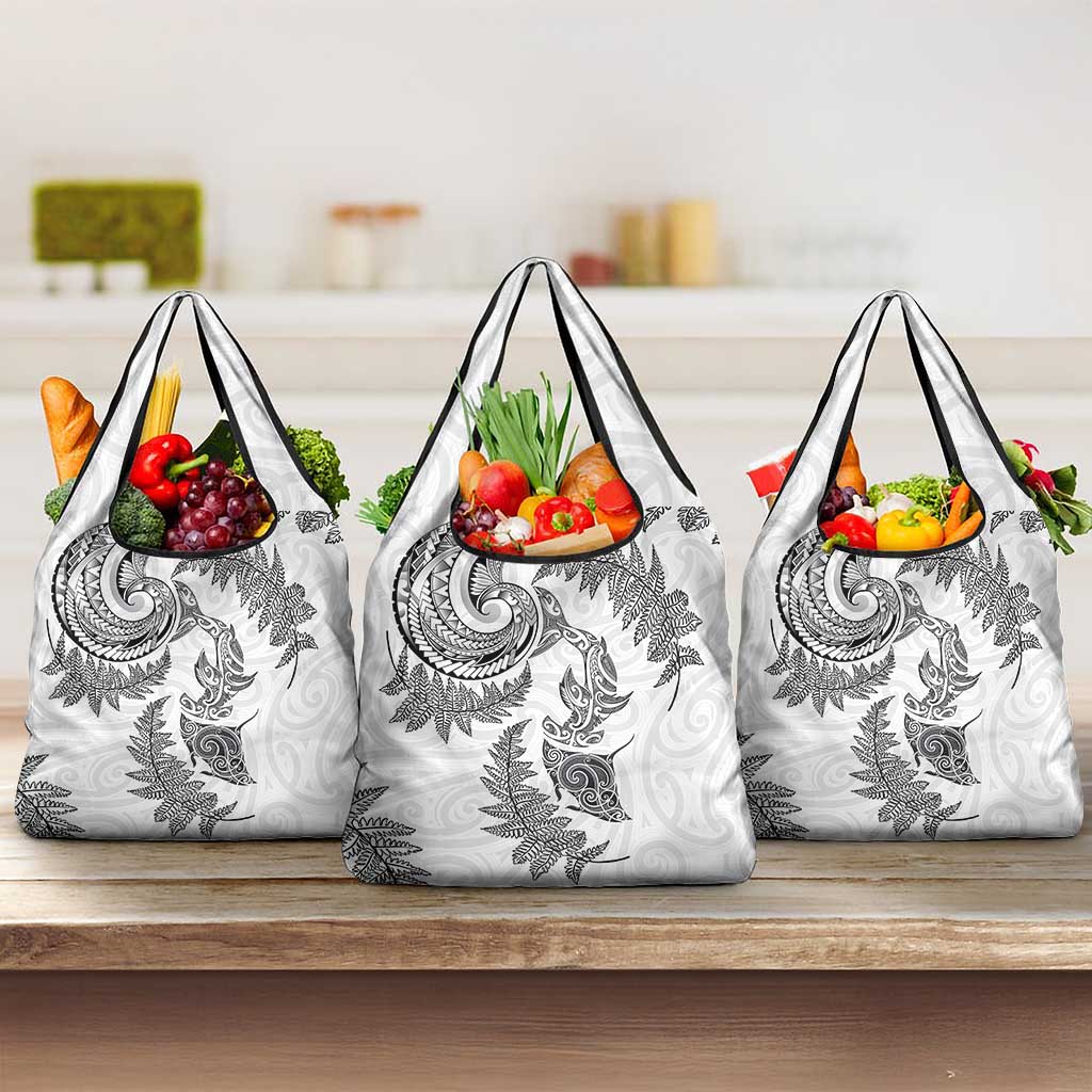 New Zealand Sea Animals with Maori Tribal Tattoo Grocery Bag Shark Manta Ray with Silver Fern White LT03 3-pack One Size White - Polynesian Pride