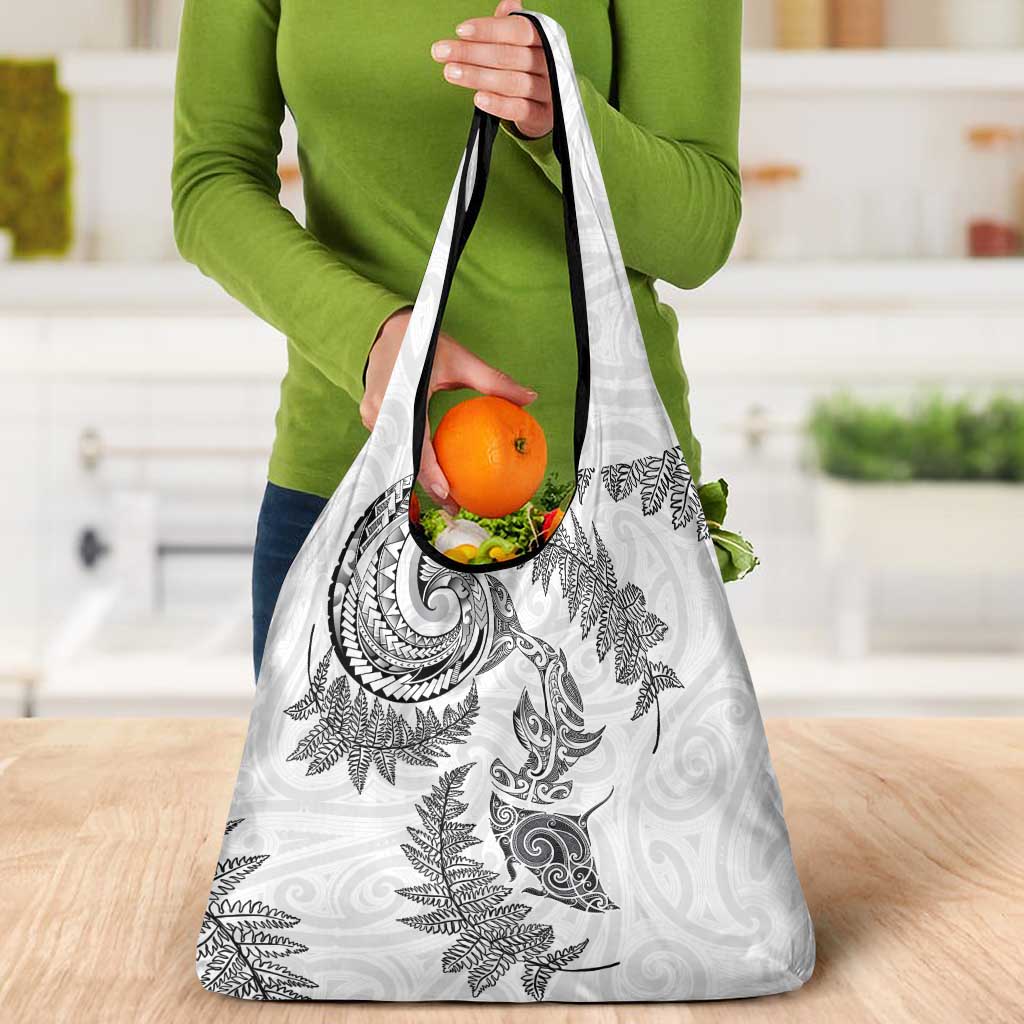 New Zealand Sea Animals with Maori Tribal Tattoo Grocery Bag Shark Manta Ray with Silver Fern White LT03 - Polynesian Pride