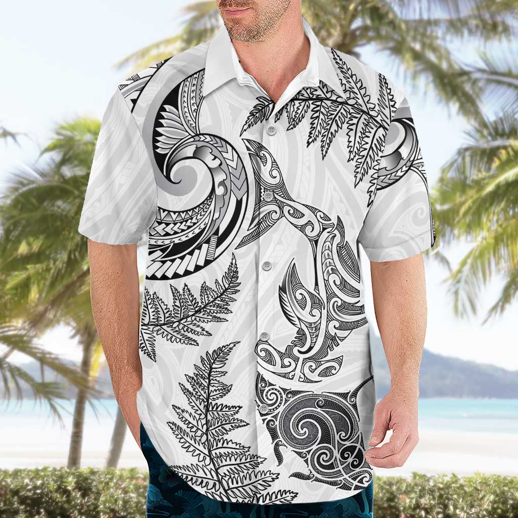 New Zealand Sea Animals with Maori Tribal Tattoo Hawaiian Shirt Shark Manta Ray with Silver Fern White LT03 - Polynesian Pride