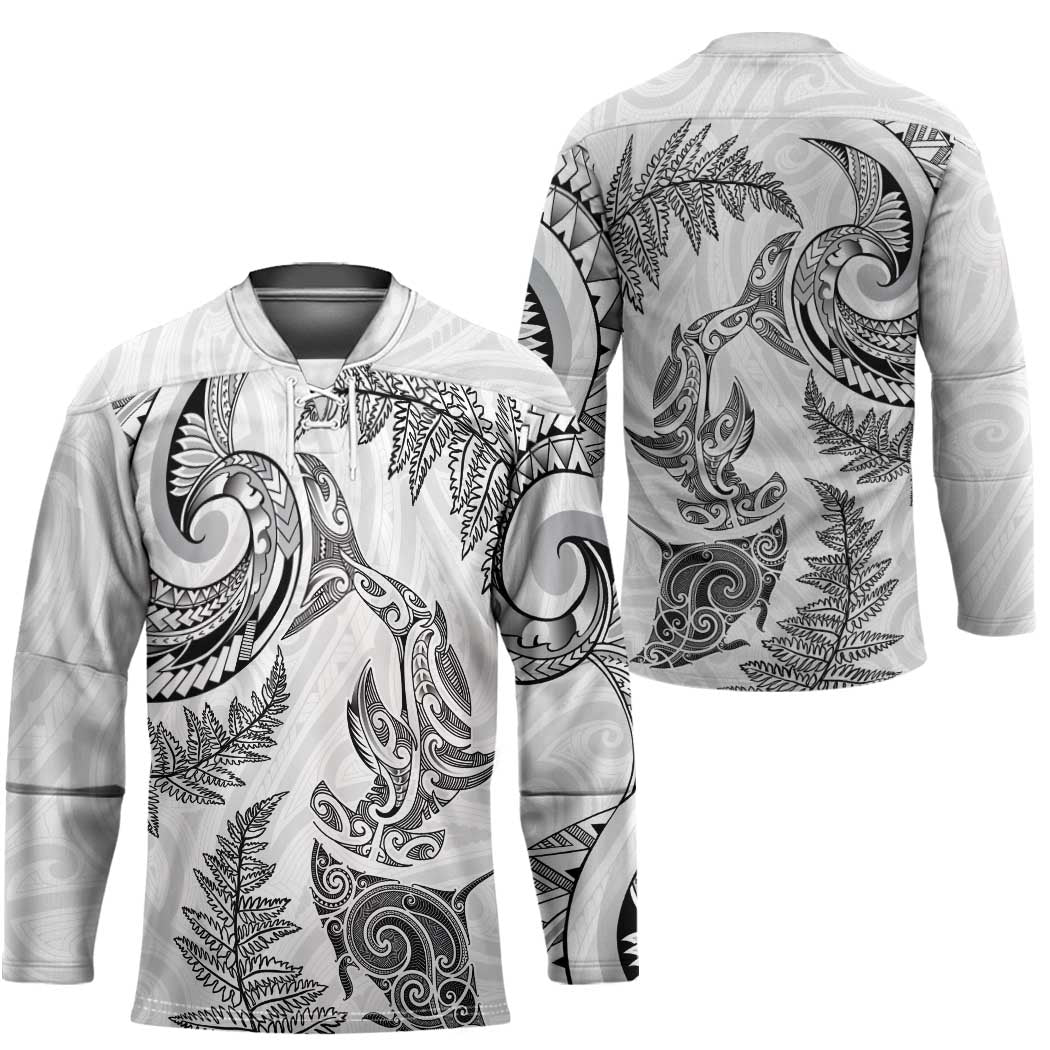 New Zealand Sea Animals with Maori Tribal Tattoo Hockey Jersey Shark Manta Ray with Silver Fern White LT03 - Polynesian Pride