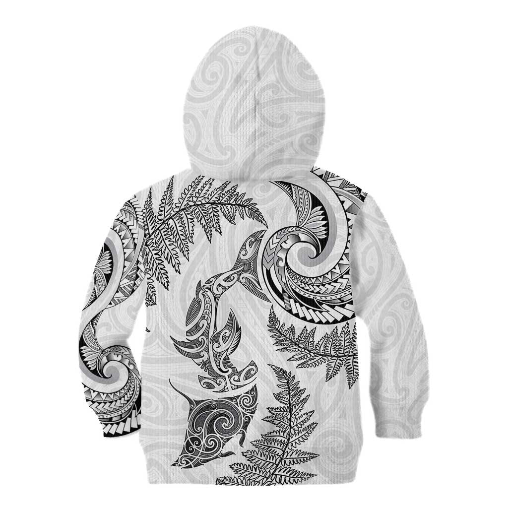 New Zealand Sea Animals with Maori Tribal Tattoo Kid Hoodie Shark Manta Ray with Silver Fern White LT03 - Polynesian Pride