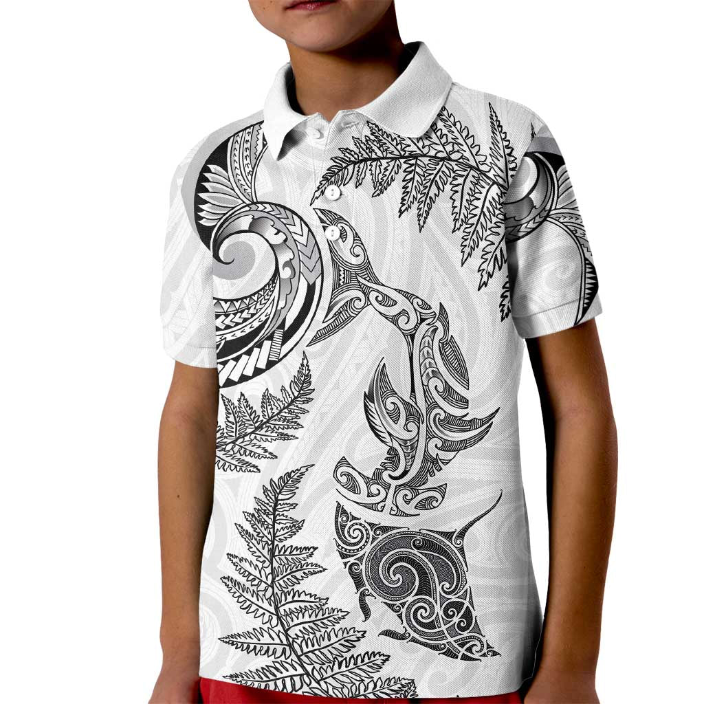 New Zealand Sea Animals with Maori Tribal Tattoo Kid Polo Shirt Shark Manta Ray with Silver Fern White LT03 Kid White - Polynesian Pride