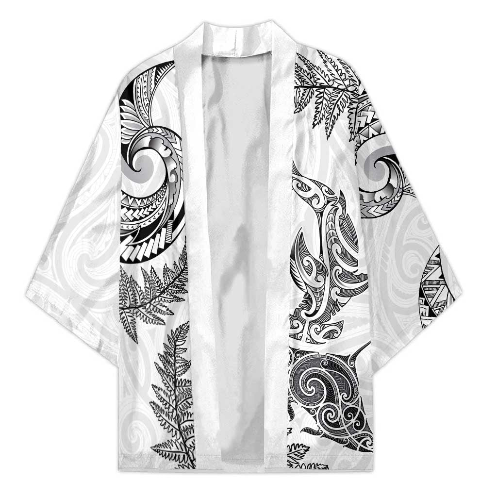 New Zealand Sea Animals with Maori Tribal Tattoo Kimono Shark Manta Ray with Silver Fern White LT03 Unisex White - Polynesian Pride
