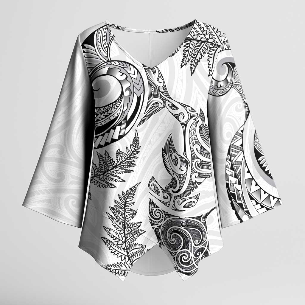 New Zealand Sea Animals with Maori Tribal Tattoo Kimono Sleeve Blouse Shark Manta Ray with Silver Fern White LT03 Female White - Polynesian Pride