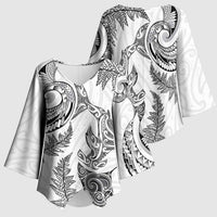 New Zealand Sea Animals with Maori Tribal Tattoo Kimono Sleeve Blouse Shark Manta Ray with Silver Fern White LT03 - Polynesian Pride