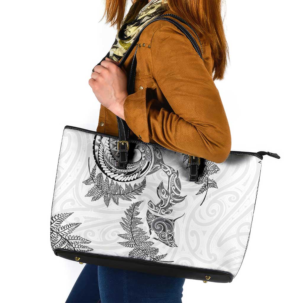 New Zealand Sea Animals with Maori Tribal Tattoo Leather Tote Bag Shark Manta Ray with Silver Fern White LT03 White - Polynesian Pride