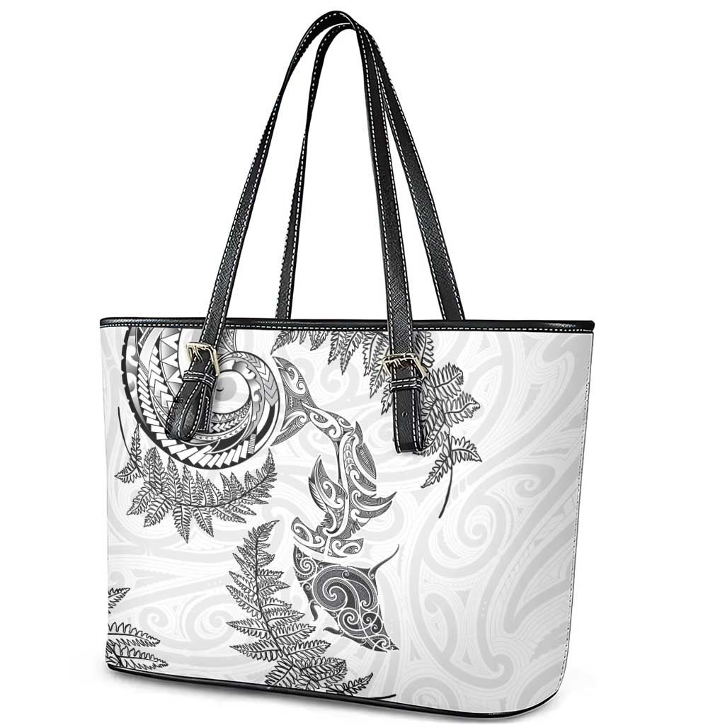 New Zealand Sea Animals with Maori Tribal Tattoo Leather Tote Bag Shark Manta Ray with Silver Fern White LT03 - Polynesian Pride