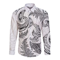New Zealand Sea Animals with Maori Tribal Tattoo Long Sleeve Button Shirt Shark Manta Ray with Silver Fern White LT03 Unisex White - Polynesian Pride