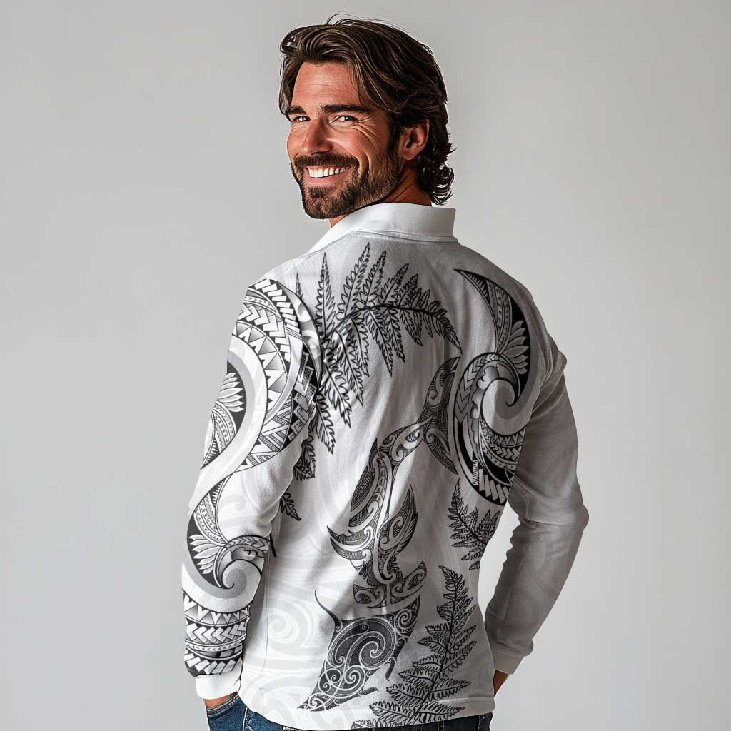 New Zealand Sea Animals with Maori Tribal Tattoo Long Sleeve Polo Shirt Shark Manta Ray with Silver Fern White LT03 - Polynesian Pride