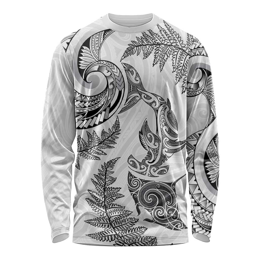 New Zealand Sea Animals with Maori Tribal Tattoo Long Sleeve Shirt Shark Manta Ray with Silver Fern White LT03 Unisex White - Polynesian Pride