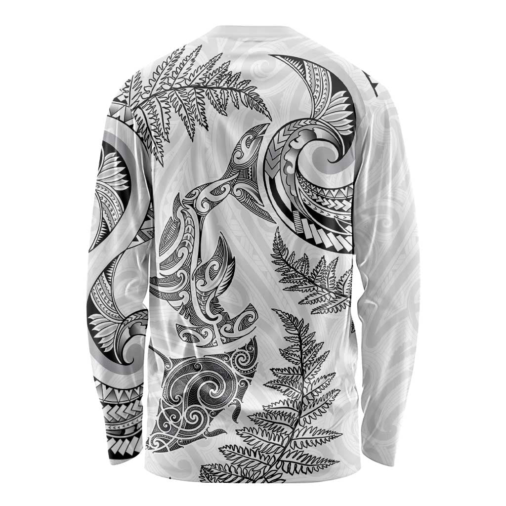 New Zealand Sea Animals with Maori Tribal Tattoo Long Sleeve Shirt Shark Manta Ray with Silver Fern White LT03 - Polynesian Pride