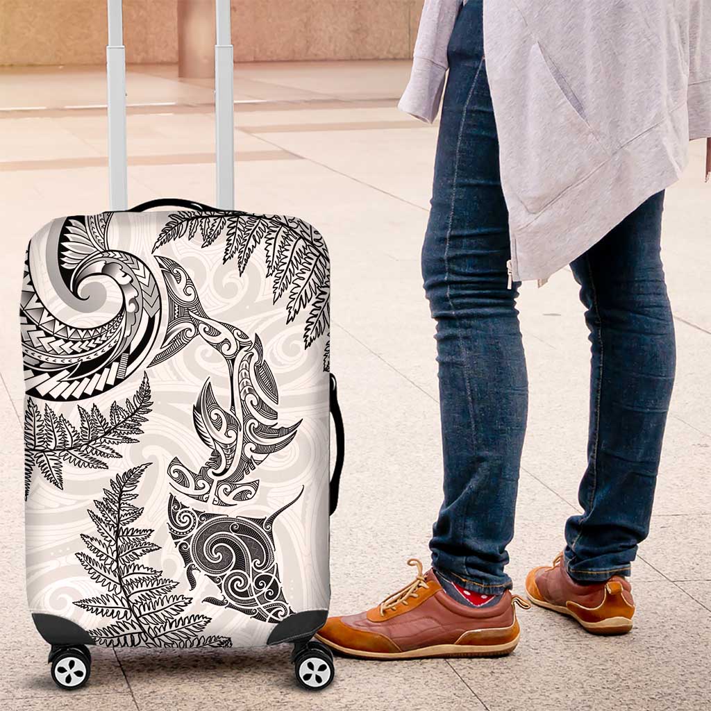 New Zealand Sea Animals with Maori Tribal Tattoo Luggage Cover Shark Manta Ray with Silver Fern White LT03 White - Polynesian Pride
