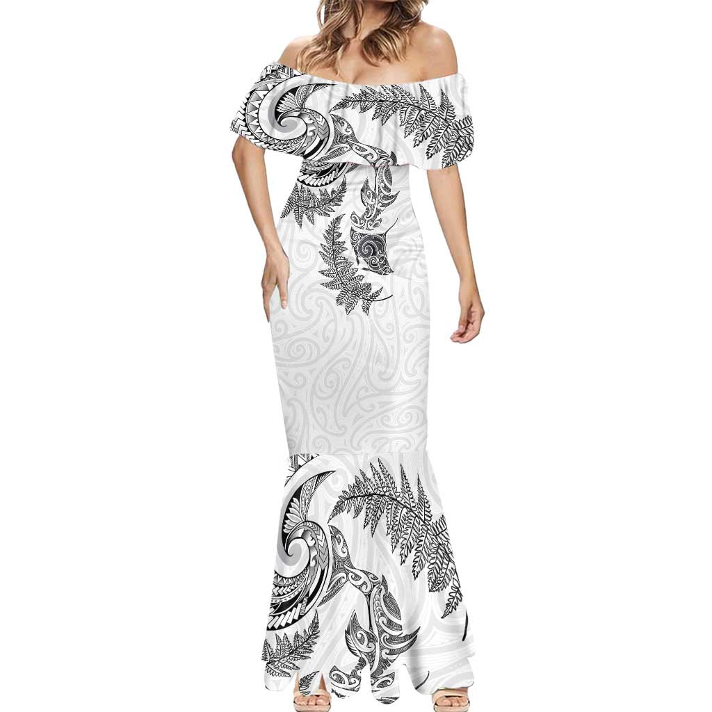 New Zealand Sea Animals with Maori Tribal Tattoo Mermaid Dress Shark Manta Ray with Silver Fern White LT03 - Polynesian Pride