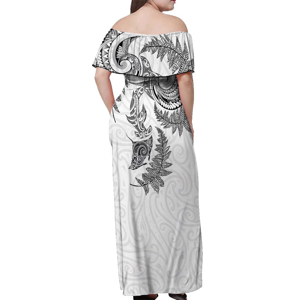 New Zealand Sea Animals with Maori Tribal Tattoo Off Shoulder Maxi Dress Shark Manta Ray with Silver Fern White LT03 - Polynesian Pride