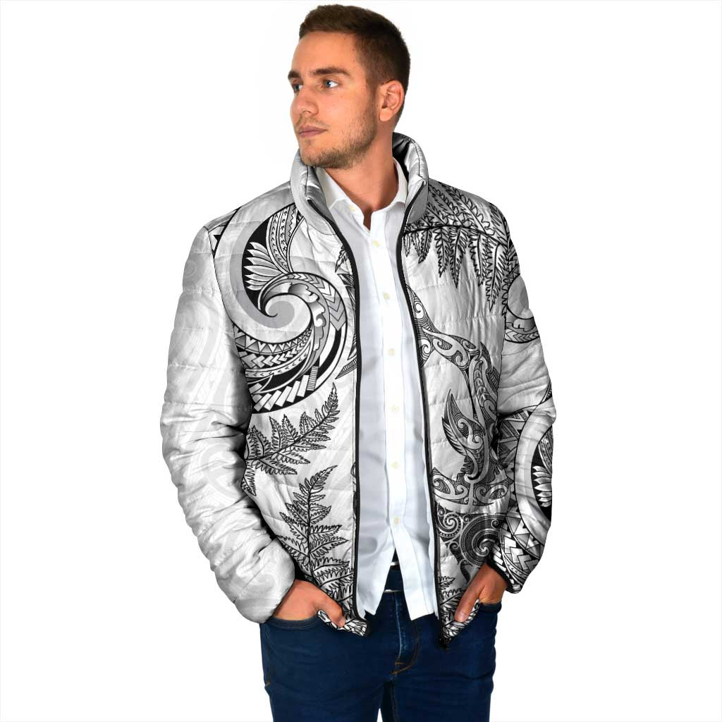 New Zealand Sea Animals with Maori Tribal Tattoo Padded Jacket Shark Manta Ray with Silver Fern White LT03 - Polynesian Pride