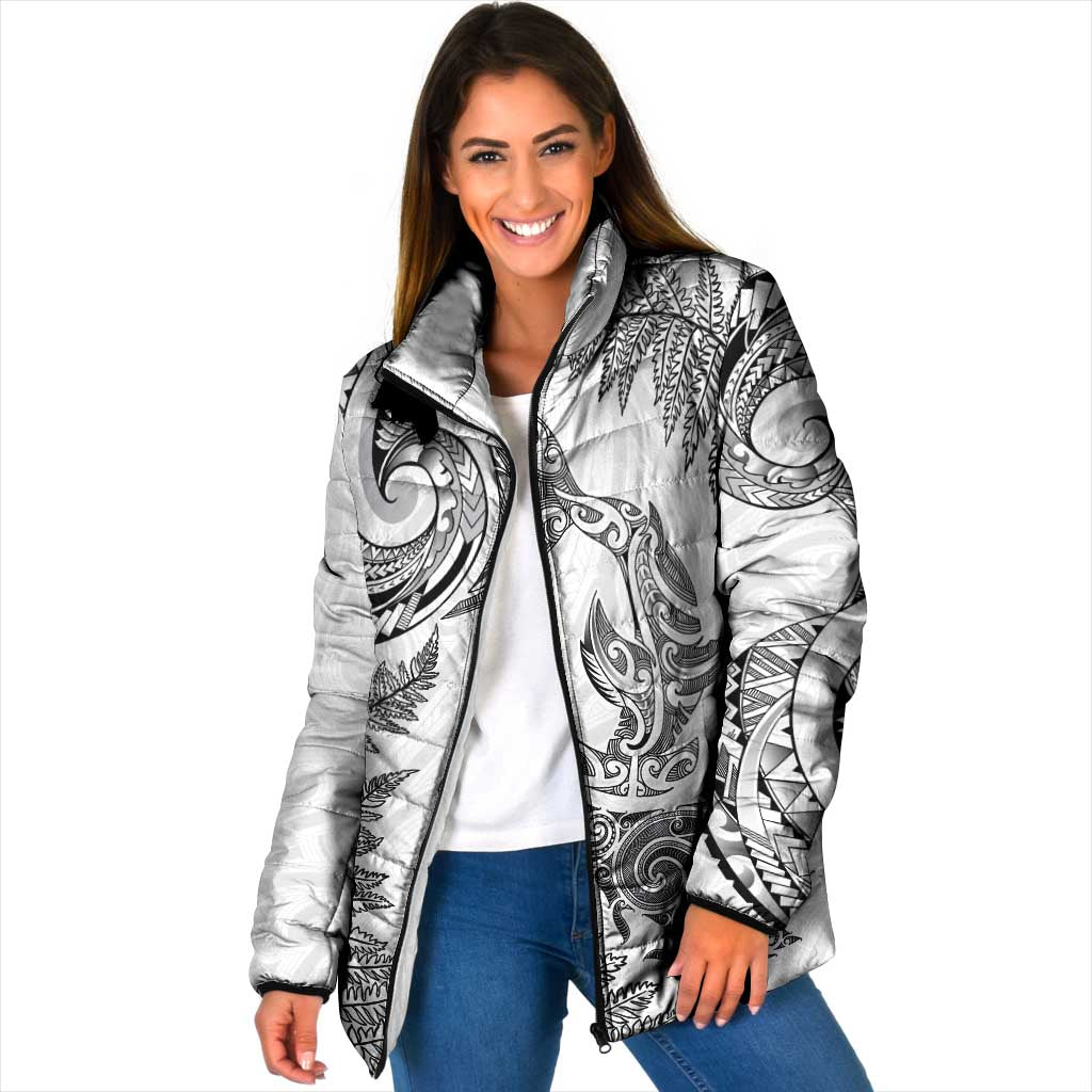 New Zealand Sea Animals with Maori Tribal Tattoo Padded Jacket Shark Manta Ray with Silver Fern White LT03 Women White - Polynesian Pride