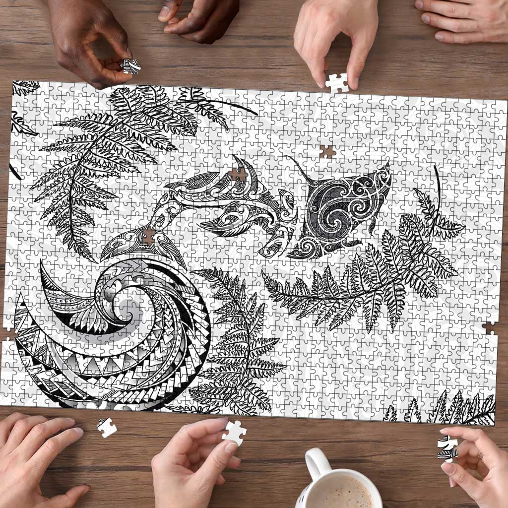 New Zealand Sea Animals with Maori Tribal Tattoo Puzzle Shark Manta Ray with Silver Fern White LT03 - Polynesian Pride