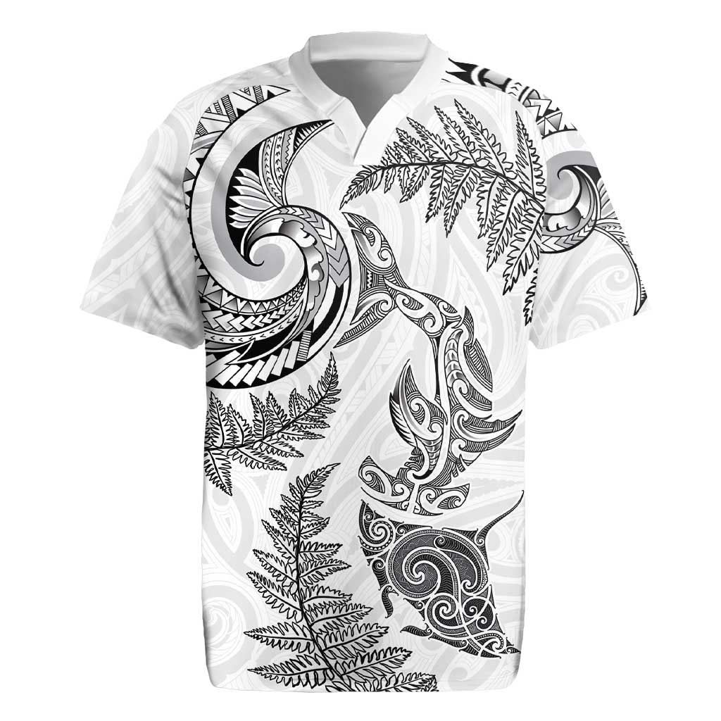 New Zealand Sea Animals with Maori Tribal Tattoo Rugby Jersey Shark Manta Ray with Silver Fern White LT03 White - Polynesian Pride
