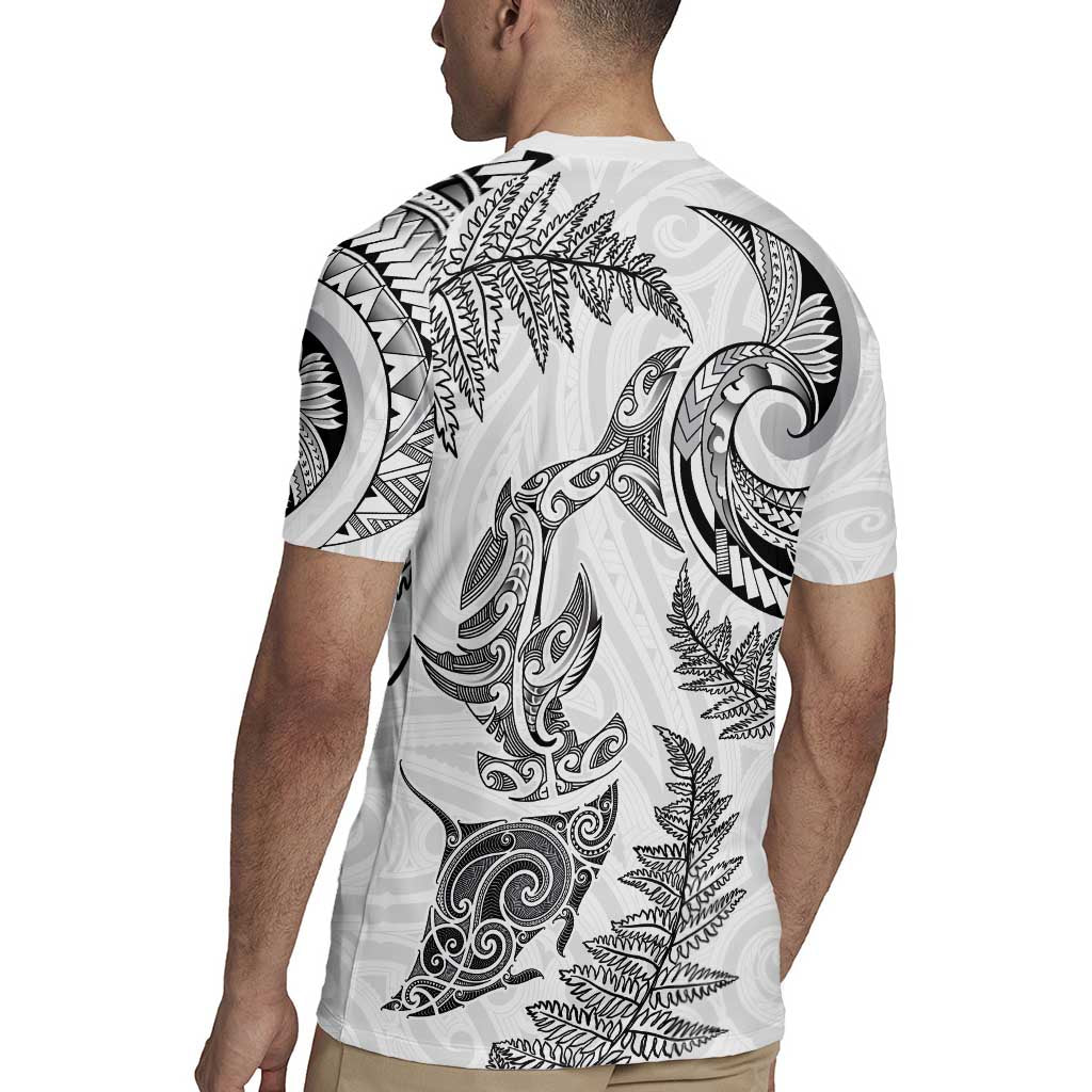 New Zealand Sea Animals with Maori Tribal Tattoo Rugby Jersey Shark Manta Ray with Silver Fern White LT03 - Polynesian Pride
