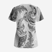 New Zealand Sea Animals with Maori Tribal Tattoo Scrub Top Shark Manta Ray with Silver Fern White LT03 - Polynesian Pride